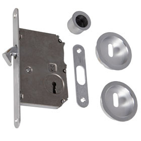 Mortice lock set with round handle for sliding door BB, satin chrome