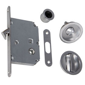Mortice lock set with round handle for sliding door WC, satin chrome
