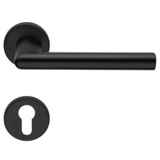 Door handle POLO with cylinder escutcheon on round rose MU/RAL9005 (E)