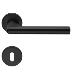 Door handle POLO with keyhole escutcheon on round rose MU/RAL9005 (E)